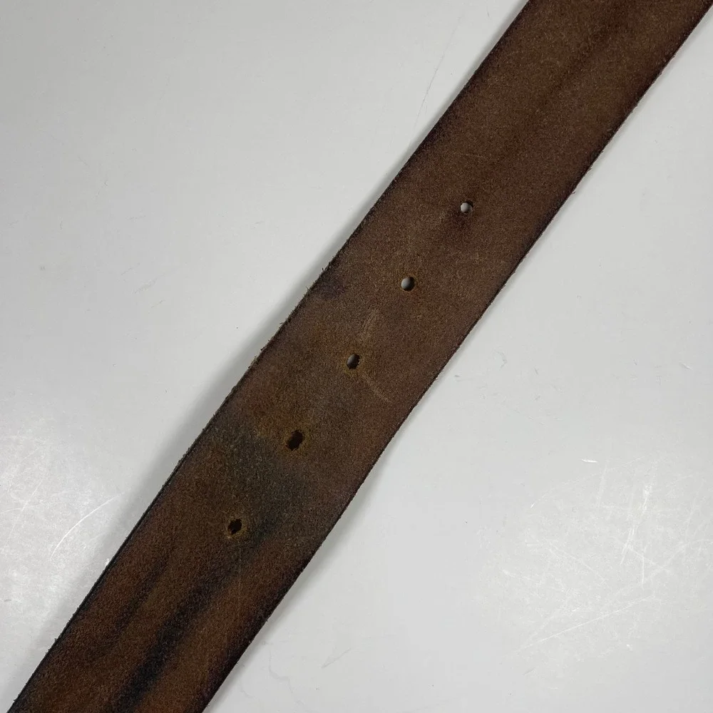 Vintage Handmade Leather Belt Mens 38 Brown Brass Square Buckle Full Grain